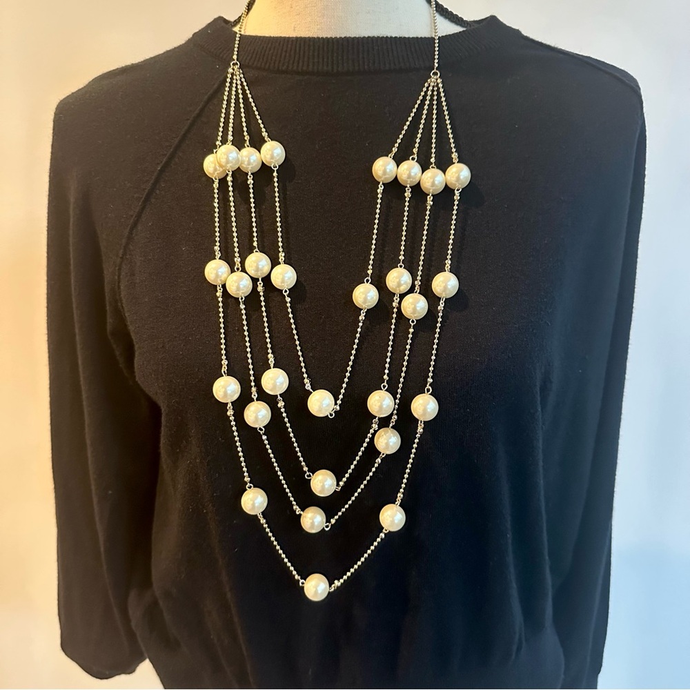 Neiman Marcus Elegant Multi-Strand Pearl Station Necklace - Cream Beads